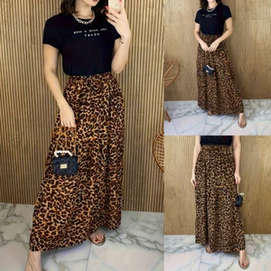 Womens Leopard Print Maxi Skirt Ladies Summer Casual Swing Long Skirts Dress - Picture 1 of 7