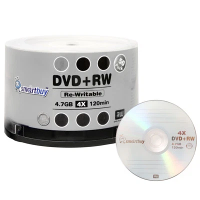 50 Pack Smartbuy Blank DVD+RW 4x 4.7GB Branded Logo Rewritable DVD Media Disc - Image 1 of 3