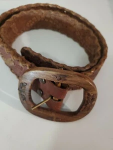 CINTURÓN DE CUERO VINTAGE de México 40" Hebilla de Madera - Imagen 1 de 4