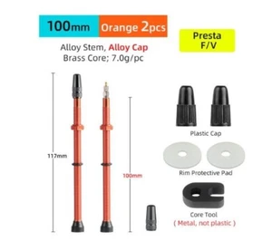 2 x 100mm Extra Long ORANGE Presta Valves, Tubeless Setup, fixings, caps, tool - Picture 1 of 7
