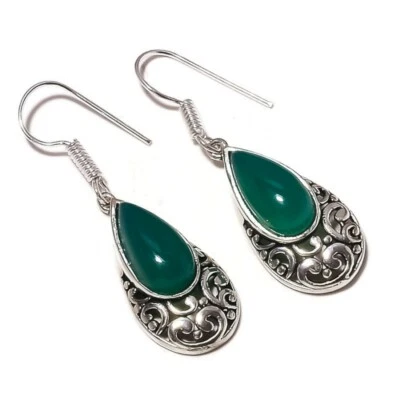 Natural Green Onyx Pear Gemstone Silver Overlay Handmade Unique Look Earrings - Image 1 of 3