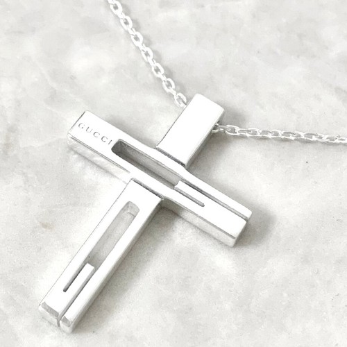 Collana con ciondolo croce ritagliata logo GUCCI G 21" argento 925 Auth #7960