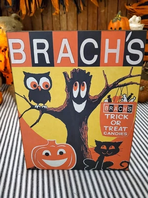 RETRO VINTAGE OLD MODERN STYLE HALLOWEEN BRACHS TRICK TREAT CANDY STORE SIGN - Image 1 of 4