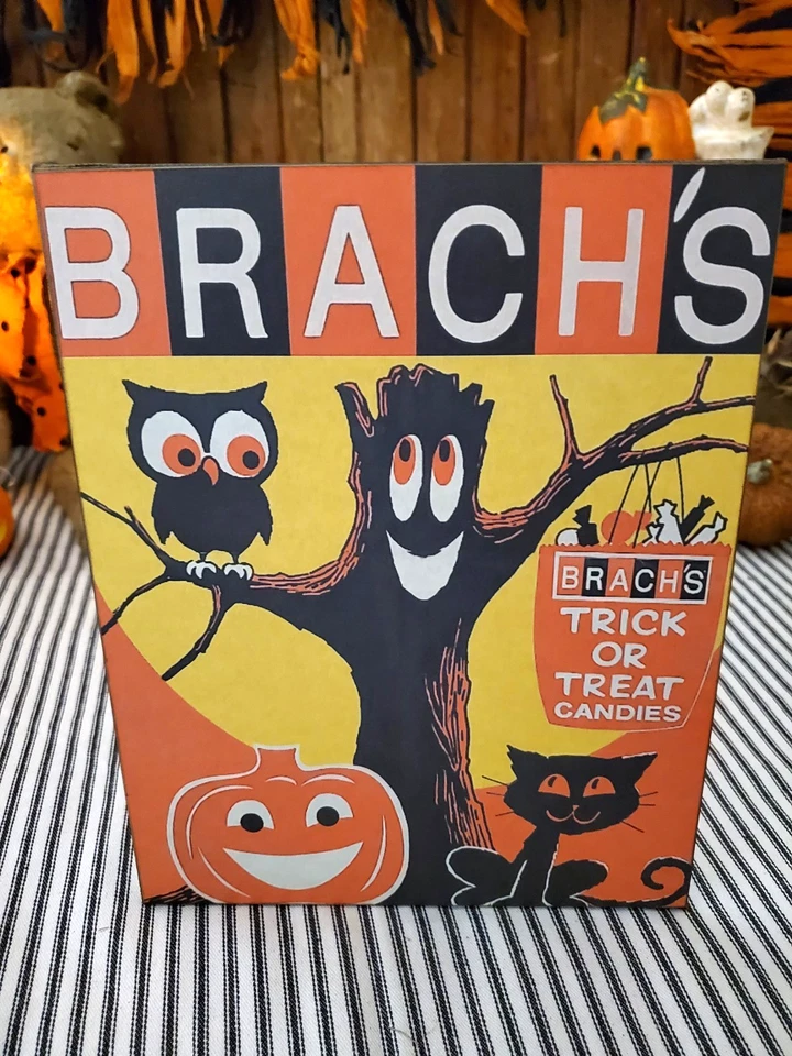 RETRO VINTAGE OLD MODERN STYLE HALLOWEEN BRACHS TRICK TREAT CANDY STORE SIGN - Image 1 of 4