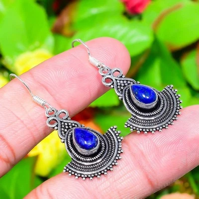 Lapis Lazuli Gemstone Handmade 925 Sterling Silver Jewelry Earring 1.73" w336 - Image 1 of 4