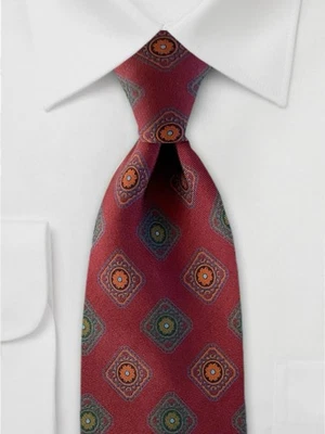 Corbata de seda italiana Barneys New York para hombre vino verde mandarina diamante medallón Foto 1 de 4