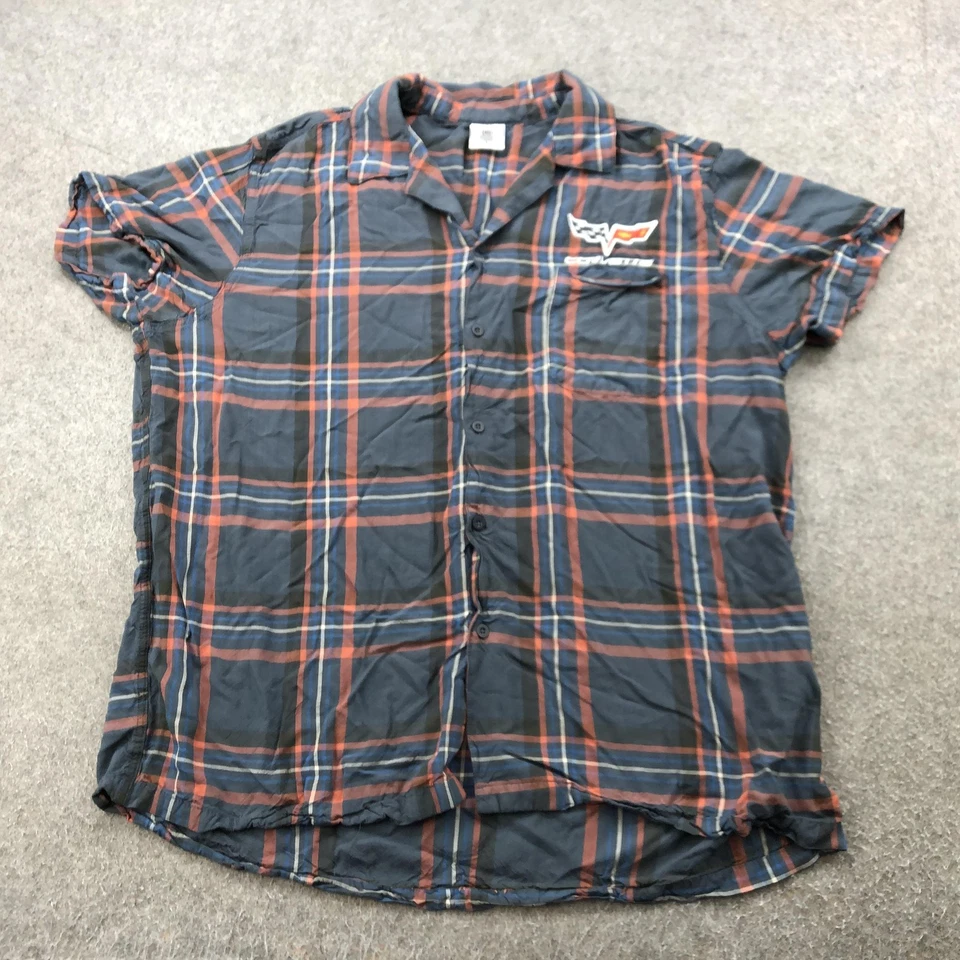 Camisa Corvette Para Hombre Grande Azul Naranja A Cuadros Abotonada Manga Corta GM Oficial Foto 1 de 4