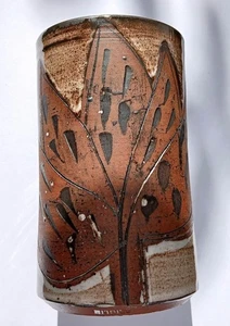 Vintage Briglin Mid Century Pottery Studio Vase Ceramics Leaf Sgraffito Glaze - Picture 1 of 5