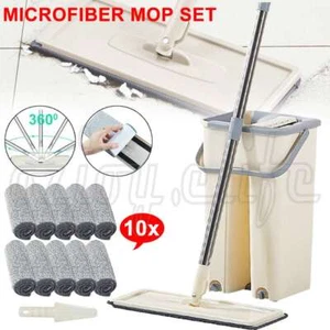Flat Mop Bucket Rotating Self Wash Cleaning Wet and Dry Pads Microfiber Mop Head - Picture 1 of 12