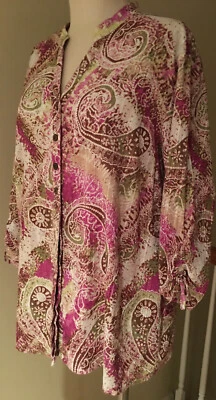 JM Collection Sz 16 Paisley Multi Fuchsia Brown Olive Green Long Sleeve Blouse - Image 1 of 4