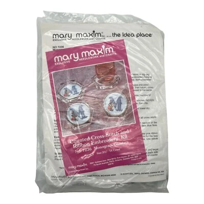 Monogram Coasters Mary Maxim Counted Cross Stitch Kit # 7236 Sealed Kit of 4 - Image 1 of 4