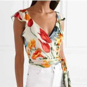 Alice + Olivia Nicole Silk Blend Floral Cropped Wrap Tie Blouse Size 2 - Picture 1 of 9