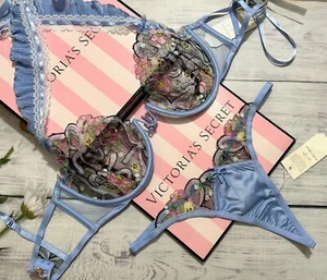 Conjunto de sujetador y tanga VS For Love and Lemons Louise azul bordado floral con aros - Imagen 1 de 5