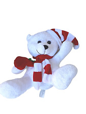 Vintage Plush White Sitting Teddy Bear With Red & White Stocking Hat And Scarf