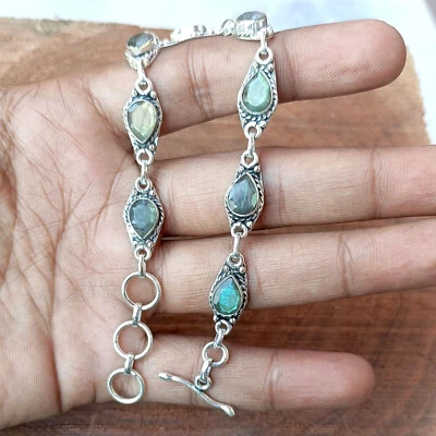 Natural Labradorite Gemstone 925 Silver Handmade Bohemian Women Bracelets #158 - Image 1 of 4