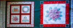 Christmas Fabric Panel 2 Pillow Fronts Poinsettia Wreath Home Tree Cotton Vtg 48 - Picture 1 of 3