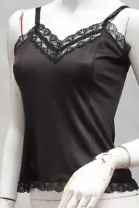 Vintage Black Lace Trim Nylon Slip Top Camisole Tank Lingerie Retro Goth - Picture 1 of 6