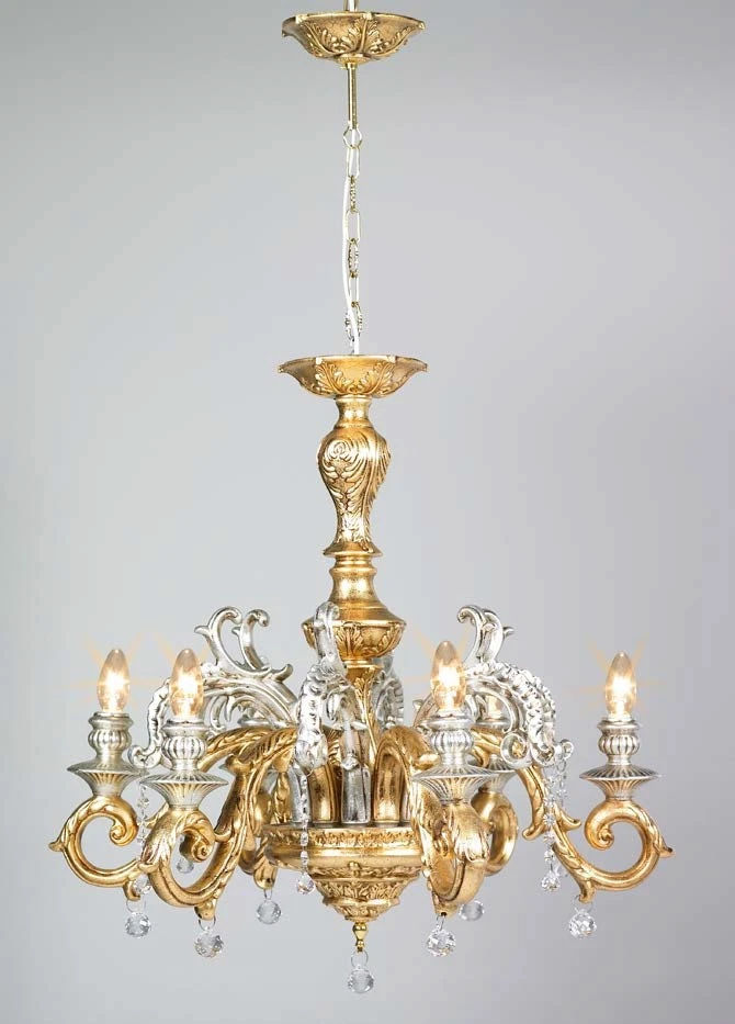 LAMPADARIO REGALE CON 6 RAMI 6 LUCI IN CERAMICA FOGLIA ORO ARGENTO E CRISTALLI - Immagine 1 di 1