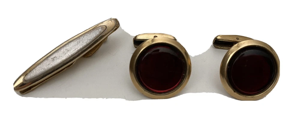 Vintage HICKOK Red Ruby 1/40 10K RGP Gold Cuff Links + SWANK Tie Clip - Image 1 of 4