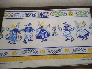 FRENCH COTTON FABRIC traditional dancers blue yellow white tablecloth material - Picture 1 of 5