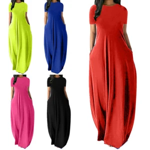 Mujeres Escote O Mangas Cortas Vestido Largo Maxi Vestido Bolsillo Fiesta Vestido Color Liso - Imagen 1 de 25