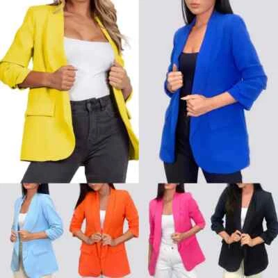 Womens Ruched Sleeve Fully Lined Blazer Collared Casual Ladies Formal Jacket Top - Image 1 of 2
