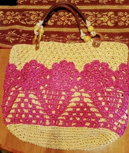 Fossil Straw Handbag Tote Magenta Leather Women's Shoulder Bag Purse ♡ - Picture 1 of 6