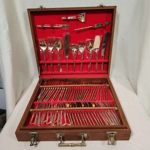 Vintage 144 pc. Set of Thai Nickel Bronze Flatware THAILAND WOOD CASE CUTLERY - Picture 1 of 16