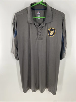 Majestic Polo Shirt Men’s XLT Gray Milwaukee Brewers Short Sleeve Pullover - Image 1 of 4