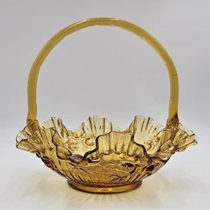 Vintage Amber Pressed Glass Basket Ruffled Edges Roses Applied Handle - Picture 1 of 14