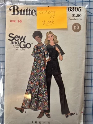 Vtg Butterick Sewing Pattern 6305 Maxi-Dress, Tunic & Pants Size 14 Cut Complete - Image 1 of 2