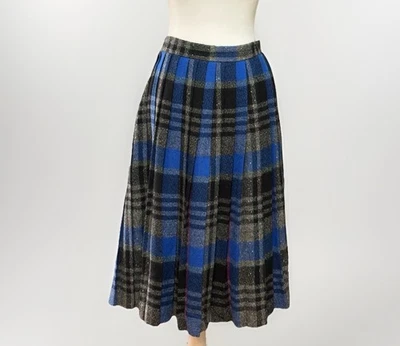 Saia midi xadrez plissada 100% lã vintage Chaus azul preta tamanho 14 estudante Preppy - Imagem 1 de 4