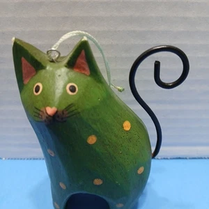 Kitty Cat Christmas Ornament Wood Folk Art Green w/ Black Spots Metal Tail - Picture 1 of 6