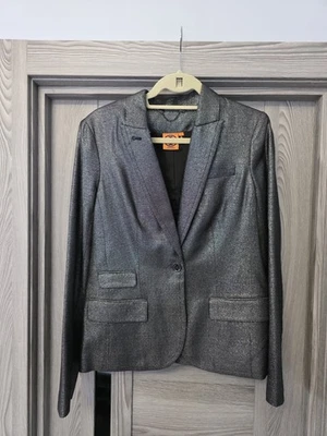 Blazer Traje Chaqueta Tory Burch Metálico Negro Plata Brillo Botón Frontal Talla 8 Foto 1 de 4