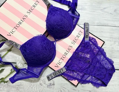 Victoria's Secret Brillo Correa Bombshell Encaje Push Up Sujetador Tanga Bikini Violeta Foto 1 de 4
