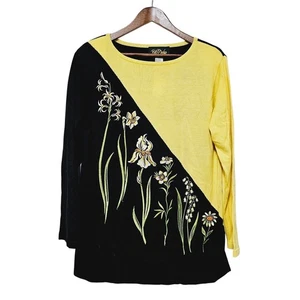 Bob Mackie Wearable Art Size L Knit Blouse Embroidered Floral Daffodils Vintage - Picture 1 of 6
