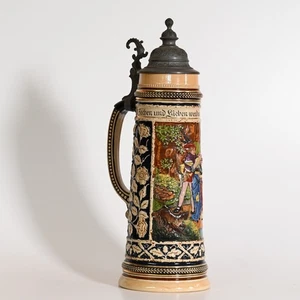 XXL großer antik Bierkrug Zinndeckel Marzi Remy 1,5L Prunkkrug Jugendstil 35,5cm - Picture 1 of 15
