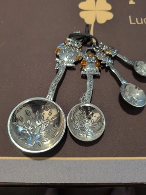 Owls Measuring Spoons Amber Silver Owls Branches Tree Hearts 4 Pc Set  - Image 1 of 4