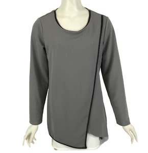 Liz Jordan Top Grey Size M 12 14 Black Faux Leather Trim Asymmetric Layers - Picture 1 of 13