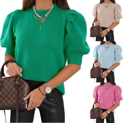 women's puff sleeve jumper soft knitted top short sleeve crew neck sweater - Image 1 of 3