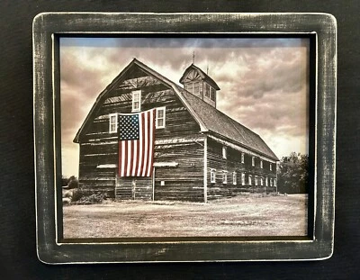 Primitive Country Print *BLACK BARN with U.S. FLAG* 9 x 10.5" Black Frame - Image 1 of 3