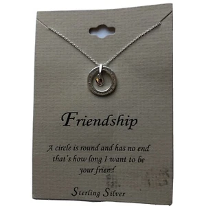 Vintage .925 Sterling Silver Circle Engraved Friendship Charm Necklace NWT - Picture 1 of 4