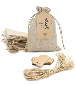 Burlap Drawstring Gift Bags w/Tags/Labels & Ties. 19. Wedding Favors Thanks - Picture 1 of 11