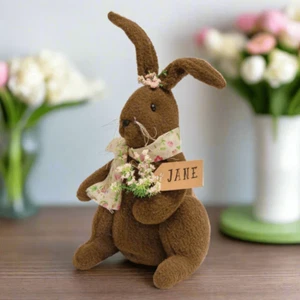Primitive Easter Spring Brown Jane Girl Bunny w/Flowers Doll 10" - Picture 1 of 2