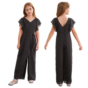 Kids Girls Bodysuit Dinner Rompers Pageant Jumpsuit V Neck Overalls Princess - Picture 1 of 60