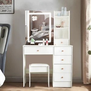Schminktisch Frisiertisch Kosmetiktisch mit Hocker LED-Beleuchtung Spiegel Weiß - Bild 1 von 18