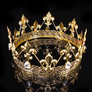 Men's Imperial Medieval Fleur De Lis Gold King Metal Crown 8cm Tall 57cm Circumf - Picture 1 of 4