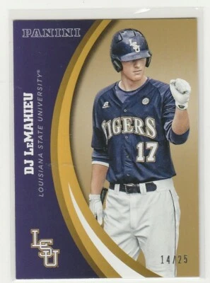 DJ LEMAHIEU 2015 LSU PANINI COLLEGIATE #77 GOLD PARALLEL SERIAL #'D /25 - Image 1 of 2