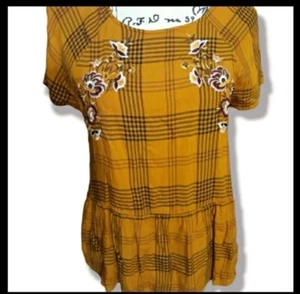 Arizona Jean Women Top Medium Yellow Plaid Blouse Floral Embroidered Peplum Hem - Picture 1 of 5