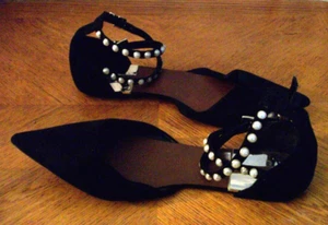 Size 6 1/2M {37} Zara Collection black crossover pearl buckles flat shoes - Picture 1 of 4